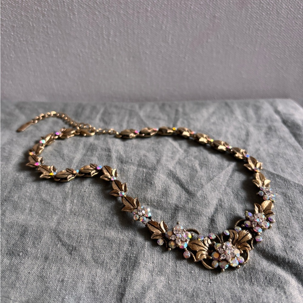 Vintage Coro Gold-Tone Floral Crystal Necklace - Prom Jewelry, Wedding Jewelry